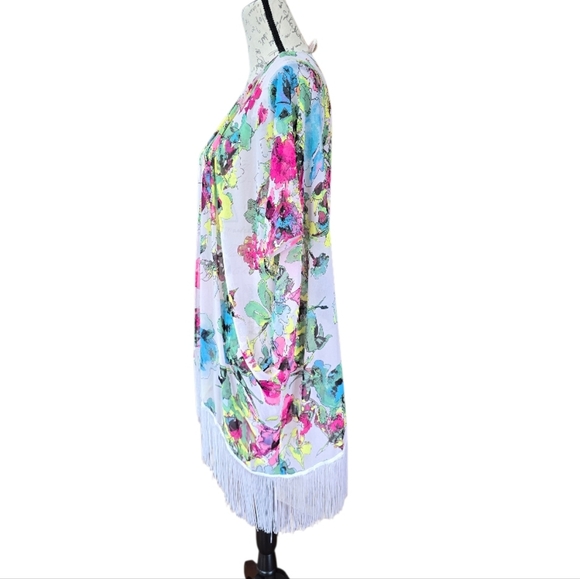 OP Multicolor Floral White Fringed Swim Cover Kimono XL - Picture 3 of 7